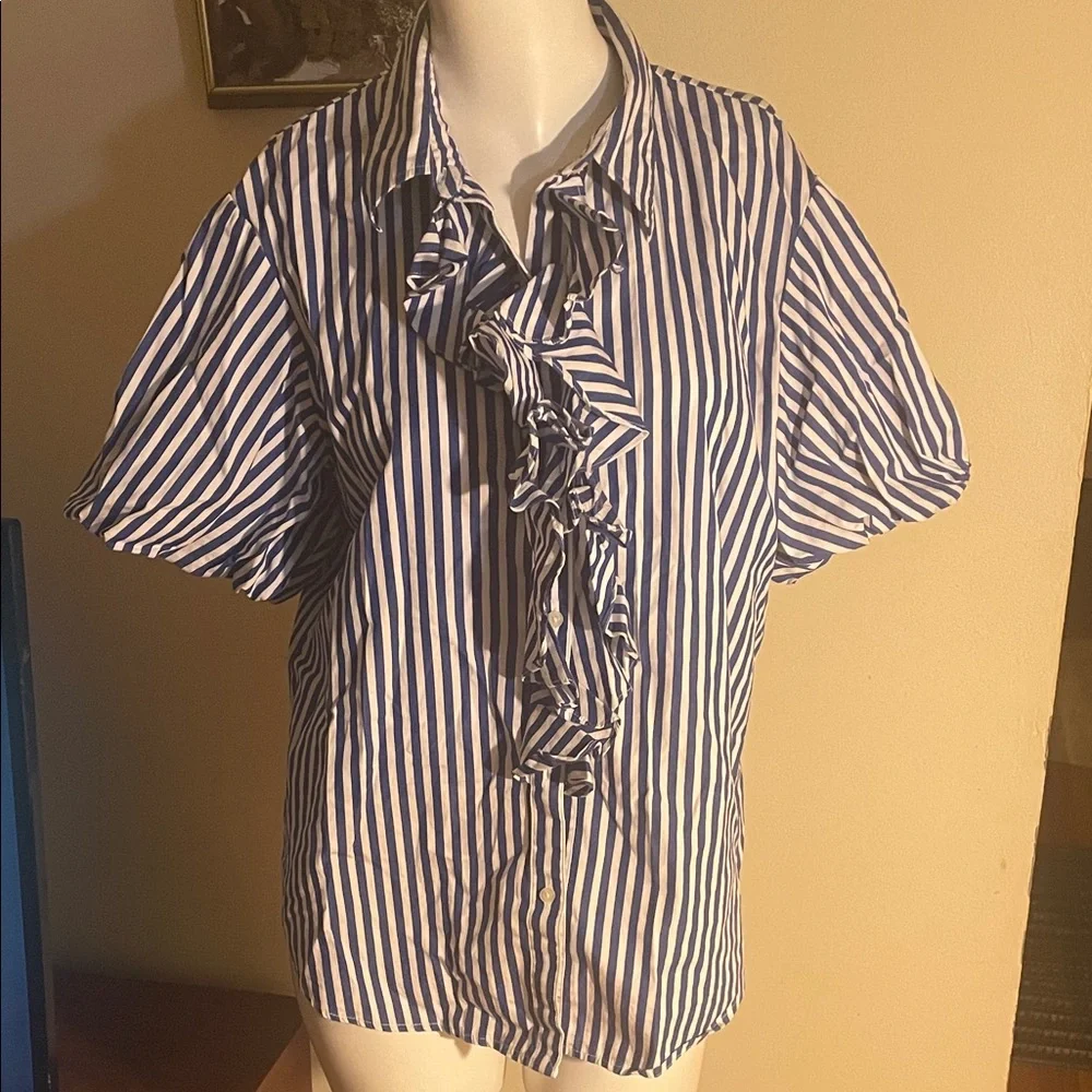 Ralph Lauren Vibrant Blue and White Striped Ruffle Blouse - Picture 1 of 5